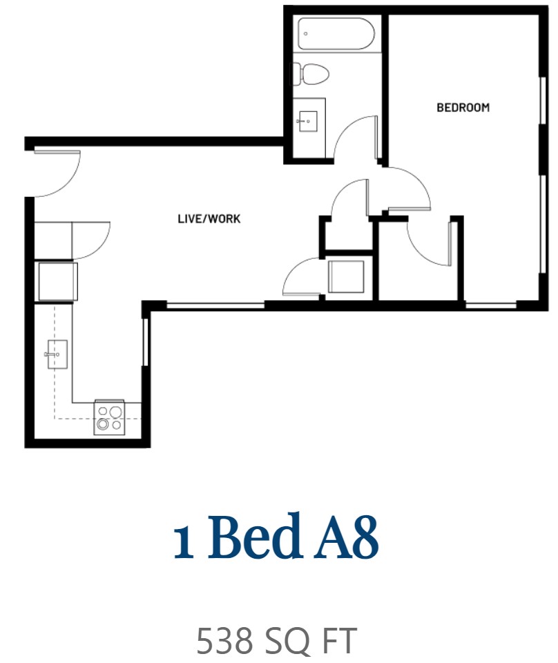 Floor plan for 1 bed, 1 bath, 538 sqft